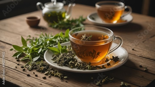 A detailed shot of a cup of herbal tea with loose tea leaves on a rustic table  photographed to emphasize the warmth and natural elements.