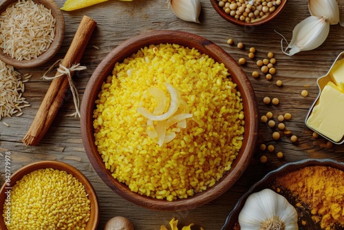 Moong Dal, Yellow Moong Dal, Mung Beans, Yellow Split Peas, Chana Dal, Toor Dal, Yellow Lentils, Yellow Pigeon Peas, Yellow Gram, Yellow Mung Beans on wooden background with spices photo