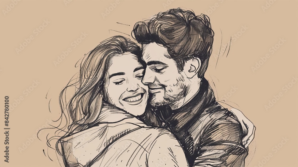 affectionate handdrawn illustration of smiling wife embracing husband modern romantic couple sketch affectionate handdrawn illustration of smiling wife embracing husband modern romantic couple sketch