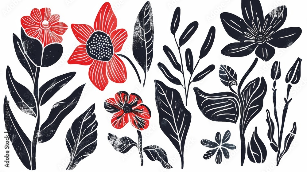 abstract flowers and leaves set . botanical linocut plant and organic elements. Ai generative abstract flowers and leaves set . botanical linocut plant and organic elements. Ai generative