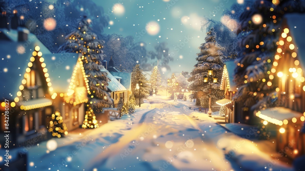 Illustrate a scene of a snowy village with charming cottages, each decorated with Christmas lights and surrounded by snow-covered trees. Illustrate a scene of a snowy village with charming cottages, each decorated with Christmas lights and surrounded by snow-covered trees.