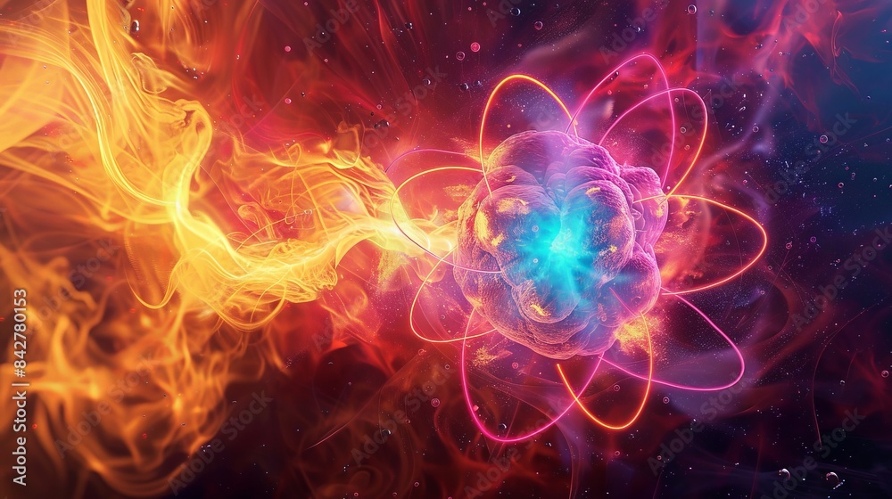Illustrate a scene where atoms are being split in a nuclear reaction, capturing the intense energy release and scientific significance. Illustrate a scene where atoms are being split in a nuclear reaction, capturing the intense energy release and scientific significance.