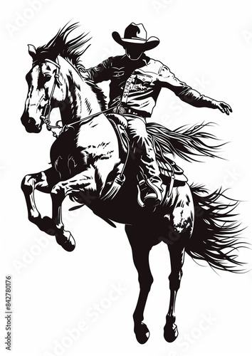 cowboy riding a bucking rodeo horse illustration on a white background