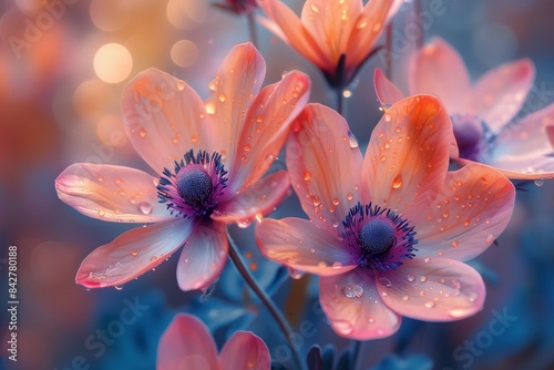 A close-up of delicate pink flowers with dew drops, captured in a soft focus garden setting