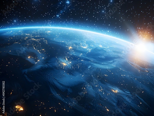 The Earth from space, showing continents and oceans with the glow of city lights against the night sky filled with stars.
