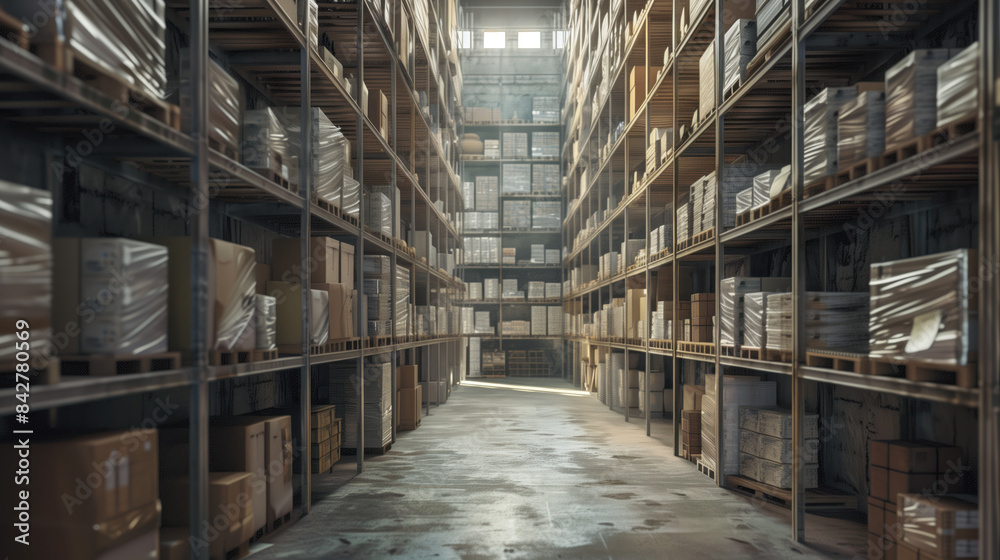 Big warehouse filled with goods. Background image. Created with Generative AI technology. Big warehouse filled with goods. Background image. Created with Generative AI technology.
