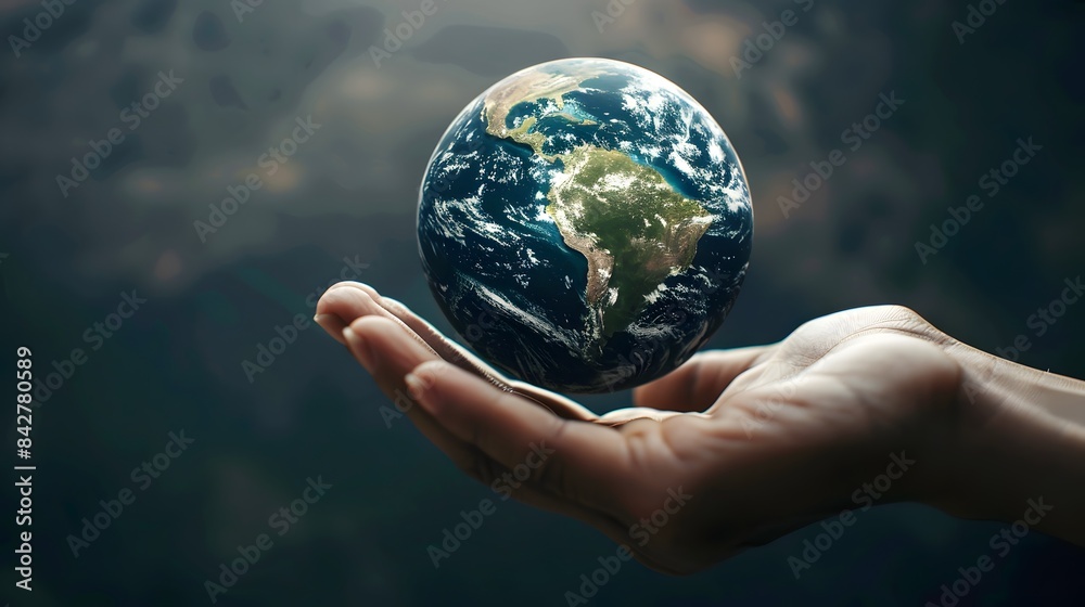 A hand cradles a detailed, floating Earth against a blurred background, symbolizing care and stewardship for our planet. A hand cradles a detailed, floating Earth against a blurred background, symbolizing care and stewardship for our planet.