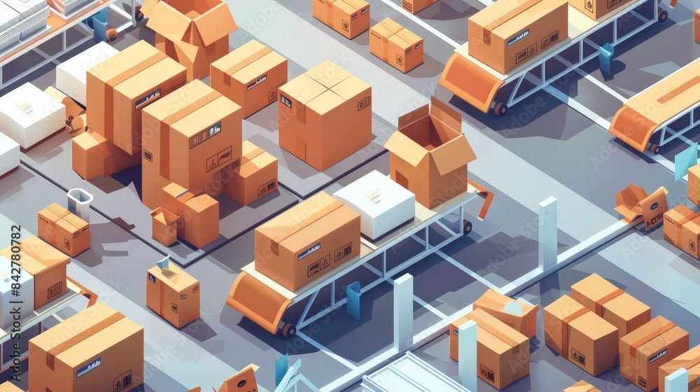 Illustrate a successful e-commerce business with a busy fulfillment center, packaging orders and preparing them for shipping. Illustrate a successful e-commerce business with a busy fulfillment center, packaging orders and preparing them for shipping.