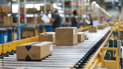 Illustrate a successful e-commerce business with a busy fulfillment center, packaging orders and preparing them for shipping.