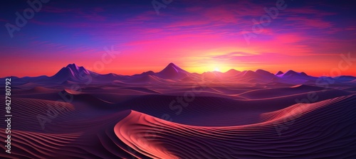 Vibrant sunset over a serene landscape with majestic mountains and fluffy clouds.