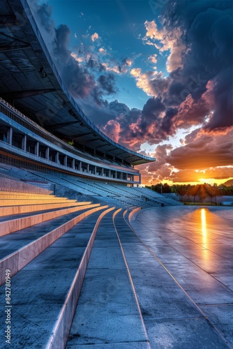 3D visualization of an empty stadium at dusk, close up, architectural theme, surreal, composite, evening clouds backdrop © tanapat