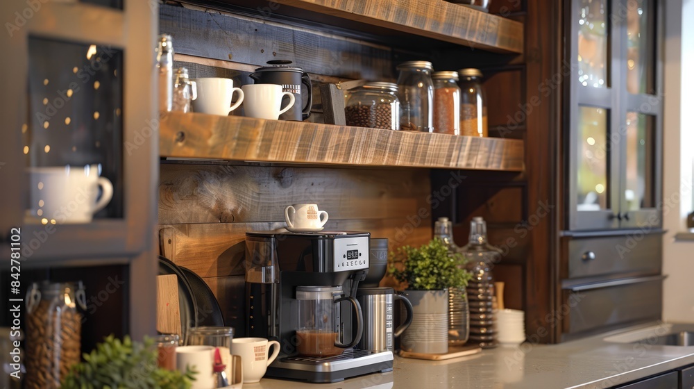 Illustrate a warm and inviting kitchen with a coffee station, complete with mugs, a coffee maker, and a selection of coffee blends. Illustrate a warm and inviting kitchen with a coffee station, complete with mugs, a coffee maker, and a selection of coffee blends.
