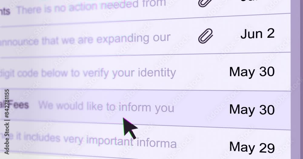 Looking over list of emails, scrolling mail list on computer, mail account interface with cursor arrow, footage