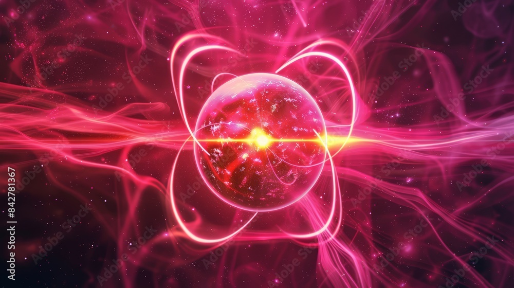 Illustrate an atom in a high-energy state, with electrons in excited orbits, emitting light as they return to ground state. Illustrate an atom in a high-energy state, with electrons in excited orbits, emitting light as they return to ground state.