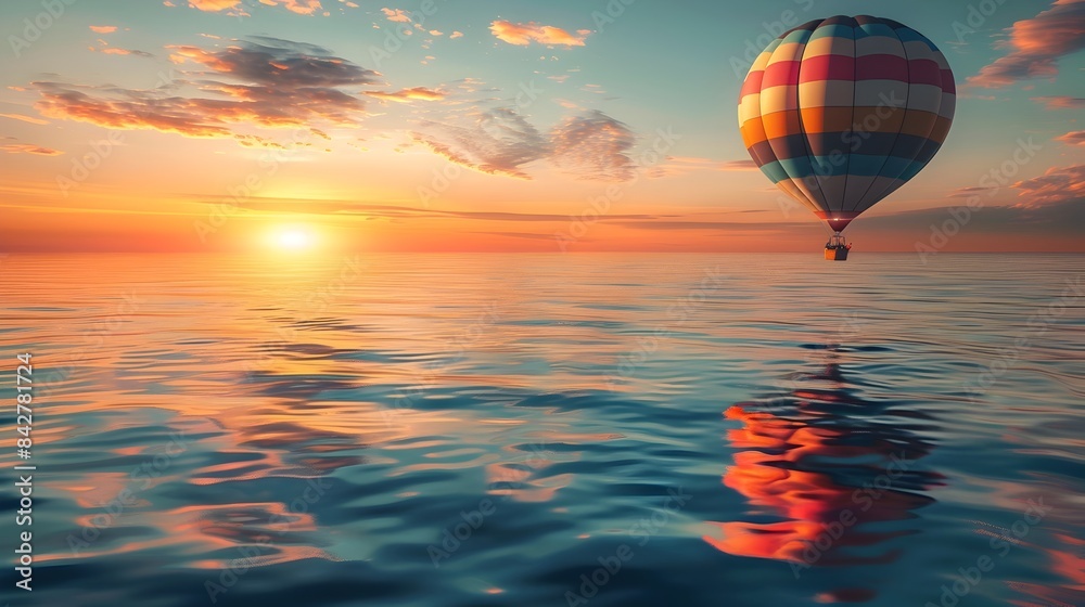 Fototapeta premium Drifting Hot Air Balloon Over Tranquil Ocean at Breathtaking Sunset with Shimmering Reflection