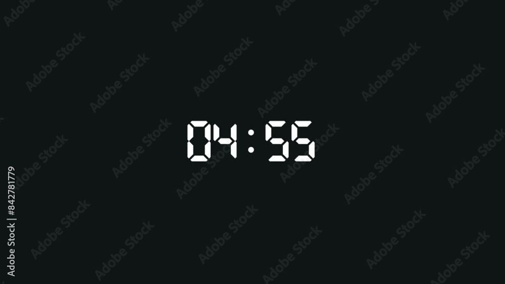 5 minutes countdown animation. Retro digital timer count down. 4K HUD