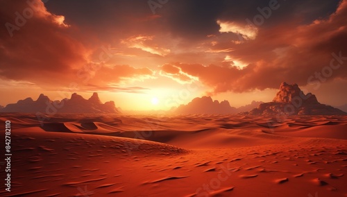 A breathtaking desert landscape bathed in the warm hues of a setting sun.