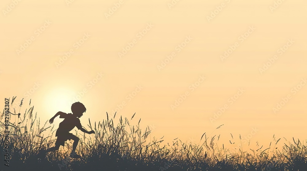 Silhouette of a child running through a field at sunset. Silhouette of a child running through a field at sunset.