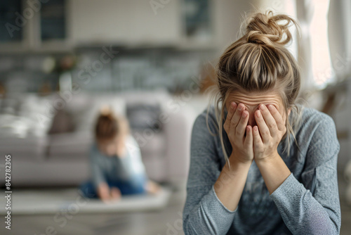 Stressed and frustrated young mother hiding face in hands with toddler child in blurry background