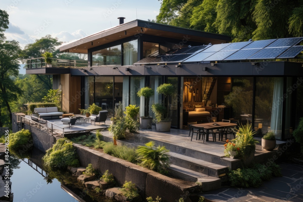 Sustainable house with solar panels and water capture., generative IA Sustainable house with solar panels and water capture., generative IA