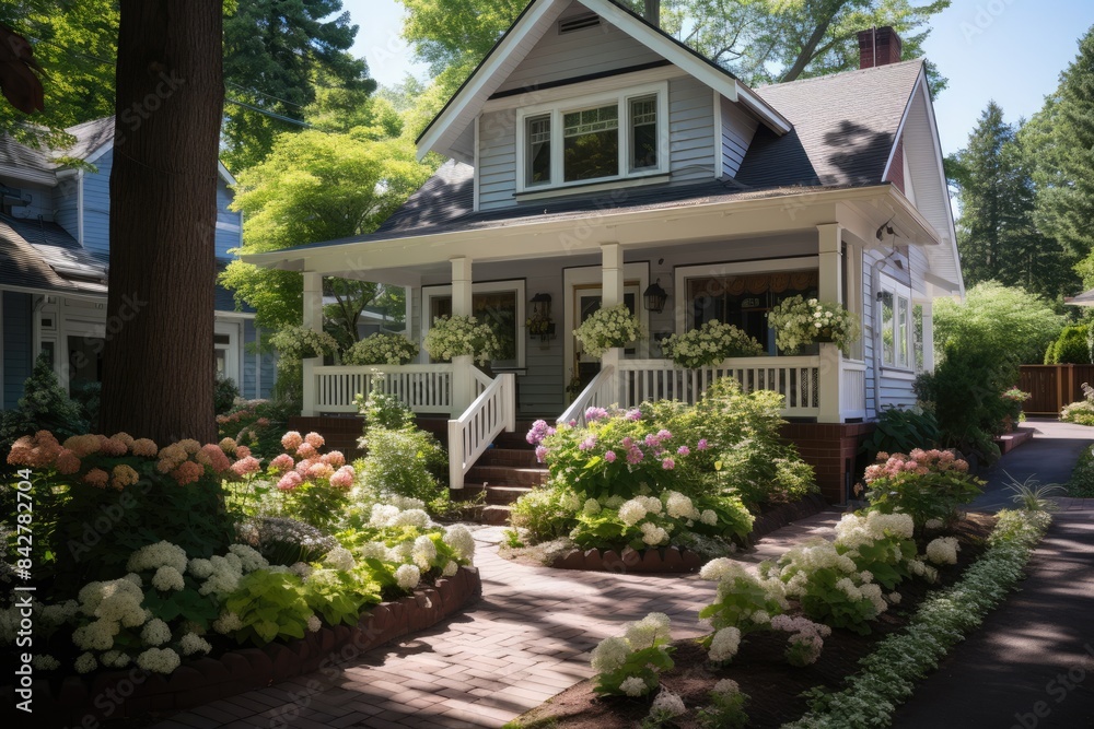 Colonial house with balcony and well maintained garden., generative IA Colonial house with balcony and well maintained garden., generative IA