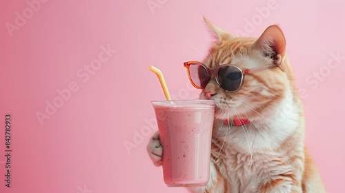 Cute Pet drinking a fresh smoothie. Creative Funny Summer Concept.