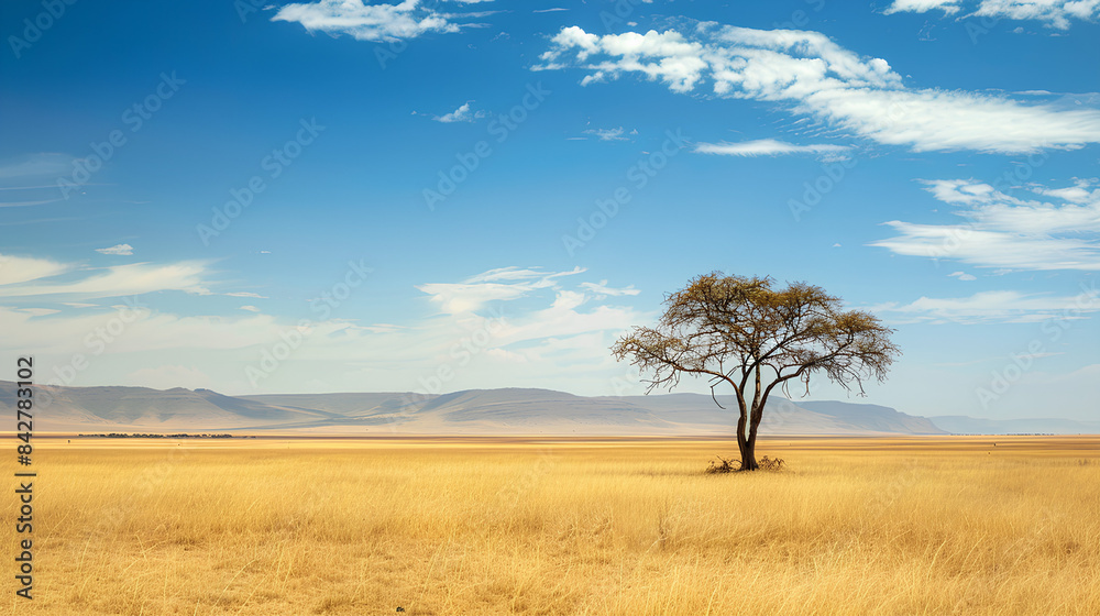 A serene African savannah under the blue sky, with one lone acacia tree standing tall in an open field of golden grass. The vast landscape stretches out to distant mountains and hills A serene African savannah under the blue sky, with one lone acacia tree standing tall in an open field of golden grass. The vast landscape stretches out to distant mountains and hills