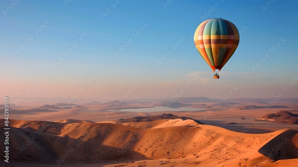 Fototapeta premium Hot Air Balloon Drifting Above the Vast Desert Dunes Under a Clear Blue Sky