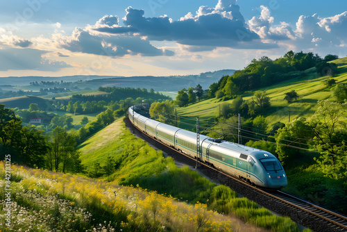 High-speed train transporting goods through a scenic countryside, emphasizing fast and reliable logistics and transportation services 