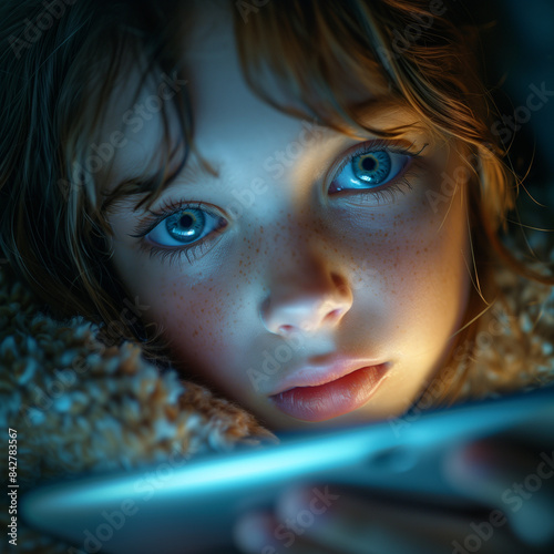 close-up of girl with phone using internet; serious face; caucasian blond girl 10s 12s with mobile laying in bed; bulling, depression; teenager addicted to cell / social media; Internet threats photo