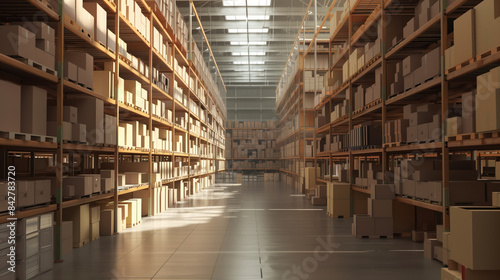 Big warehouse filled with goods. Background image. Created with Generative AI technology.