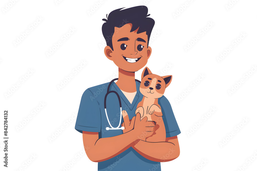 Veterinarian doctor with stethoscope holding cute pet in his arms cartoon illustration isolated on white background Veterinarian doctor with stethoscope holding cute pet in his arms cartoon illustration isolated on white background