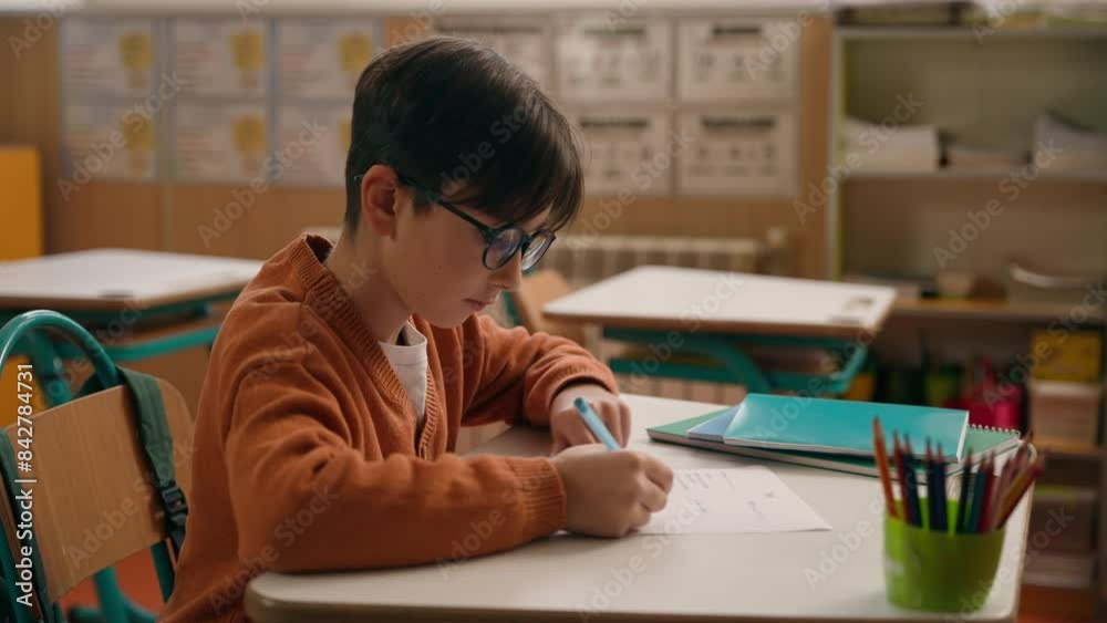School class lesson clever concentrated Caucasian boy son child ...