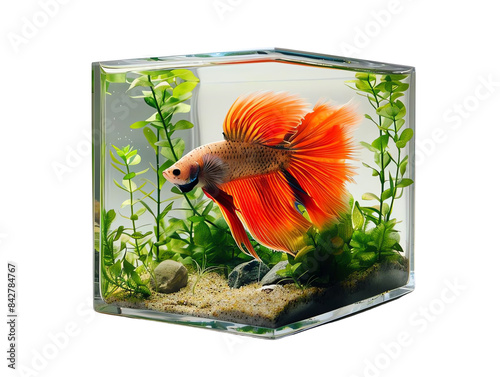 Cube Aquarium A perfectly cubeshaped fish bowl with a betta fish and some aquatic plantson white background photo