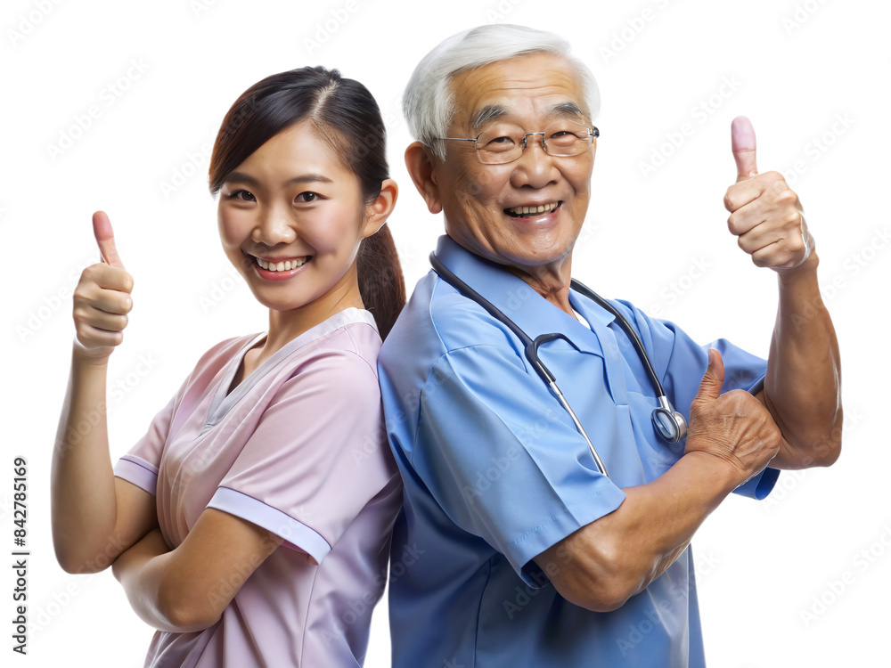 friendly nurse senior citizen stand back together lift thumb up camera positive mood friendly nurse senior citizen stand back together lift thumb up camera positive mood