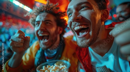 Football frenzy: fans enjoying a football match on the tv at home, show the camaraderie of sports enthusiasts bonding over live matches, beers, and popcorn.