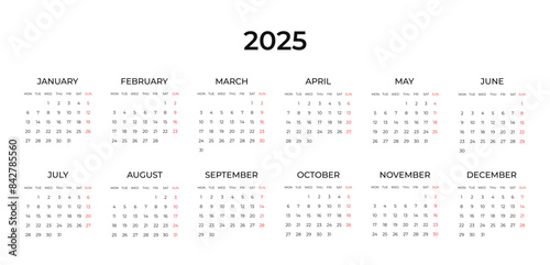 Calendar template for 2025 in classic strict style. Horizontal minimalist design. Wall, table calendar. Restrained business design for notebook and planner. The week starts on Monday
