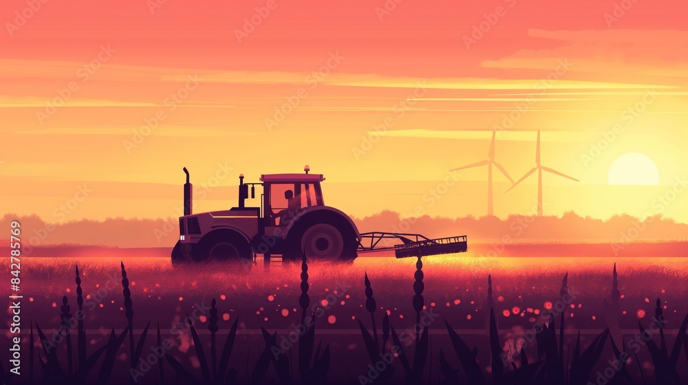 Fototapeta premium Tractor Spraying Crops at Dusk with Wind Turbines in Background