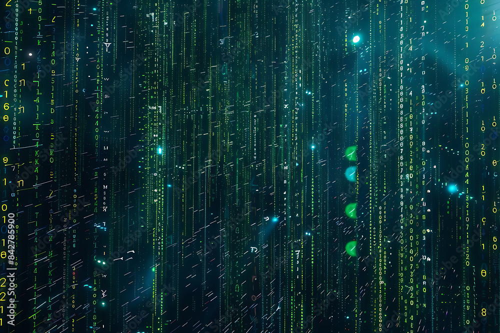 Background filled with cascading binary code, creating a digital and futuristic atmosphere, ideal for technology and programming themes Background filled with cascading binary code, creating a digital and futuristic atmosphere, ideal for technology and programming themes