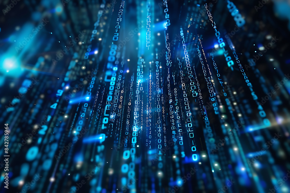 Background filled with cascading binary code, creating a digital and futuristic atmosphere, ideal for technology and programming themes