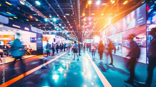 Wallpaper Mural bustling trade show floor with blurred crowds and illuminated exhibit booths abstract background Torontodigital.ca