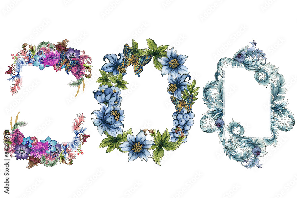 Jacobean Rococo Baroque bouquet elements in Eastern style. Floral borders, flower ethnic illustration. Indian ornaments.