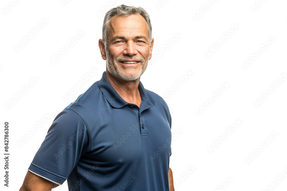 Smiling Senior Man in Blue Polo Shirt on White Background Smiling Senior Man in Blue Polo Shirt on White Background