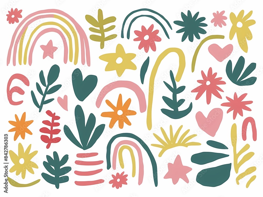 This whimsical floral doodle pattern features a delightful array of hand-drawn flowers and leaves in vibrant colors. The playful and abstract nature of the design makes it perfect for adding a touch o