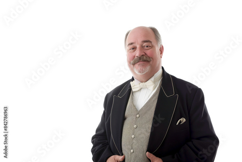 Smiling Senior Man in Formal Suit with Bow Tie on White Background