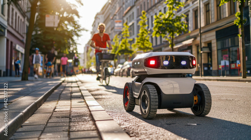 Modern automated food delivery robot drives along a city street. Autonomous innovation bot for parcel delivery shipping. Economical, Eco-friendly and Energy Efficient Futuristic Deliveries, logistics