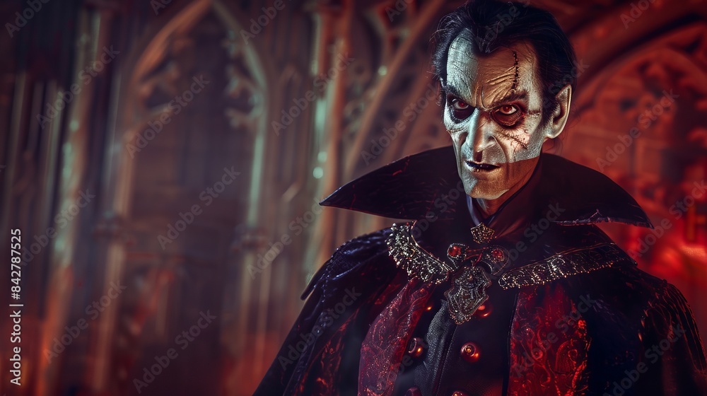 Gothic vampire character with sinister expression in dark castle setting, fantasy genre, horror elements, male. Halloween Gothic vampire character with sinister expression in dark castle setting, fantasy genre, horror elements, male. Halloween