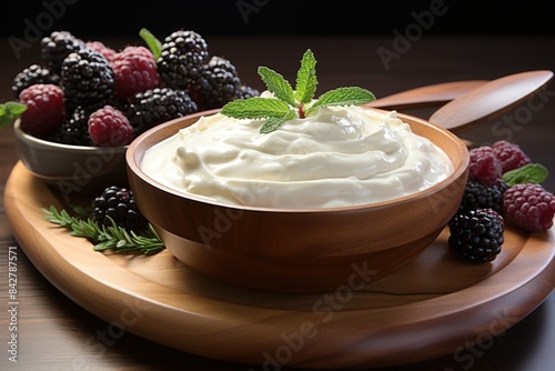 Greek yogurt in an isolated wooden bowl in the white background, generative IA photo