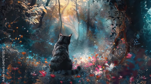 cheshire cat sitting with its back turned in a magical forest whimsical and mysterious digital painting photo