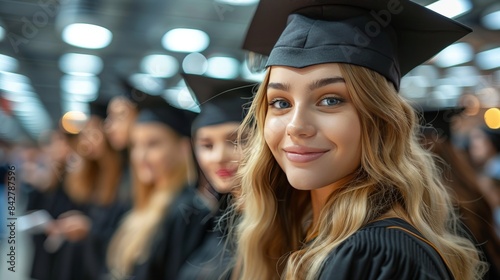Young female valedictorian giving graduation speech at podium in gown and mortarboard